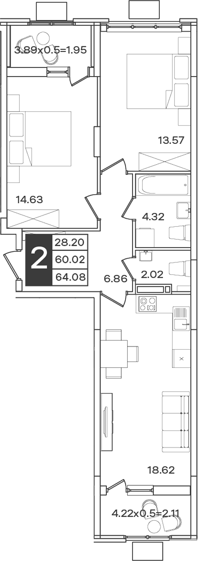2-комн., 60.02 м², 8/9 этаж, ЖК «Сюжеты»