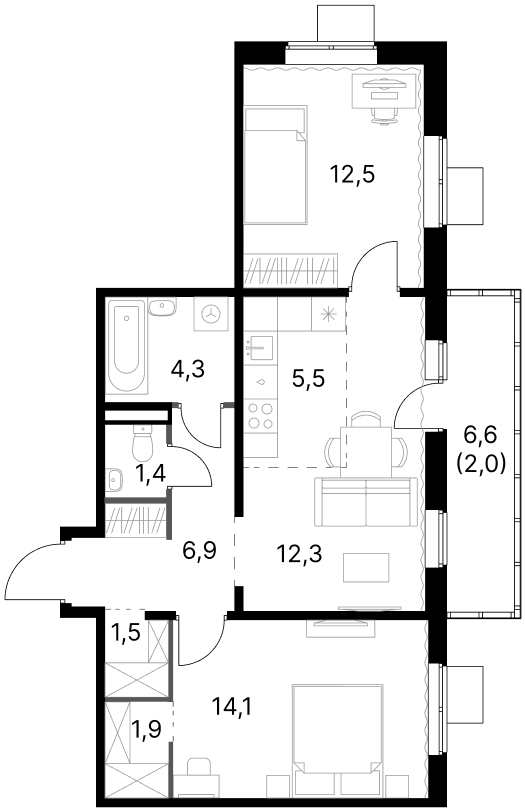 3-комн., 60.4 м², 12/18 этаж, ЖК «1-й Ясеневский»