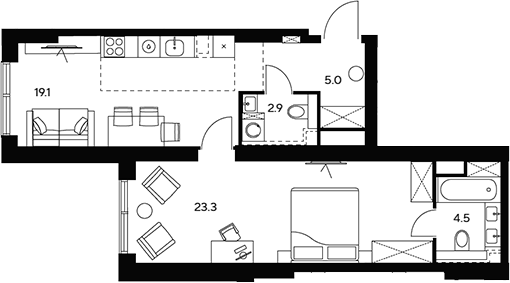 2-комн., 54.8 м², 9/46 этаж, ЖК «НЕКСУС от Аквилон»
