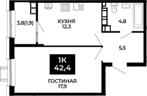 1-комн., 40.5 м², 12/24 этаж, ЖК «Первый. ГК ЮгСтройИнвест»
