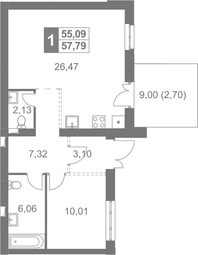 2-комн., 55.09 м², 1/4 этаж, ЖК «Жаворонки Клаб»
