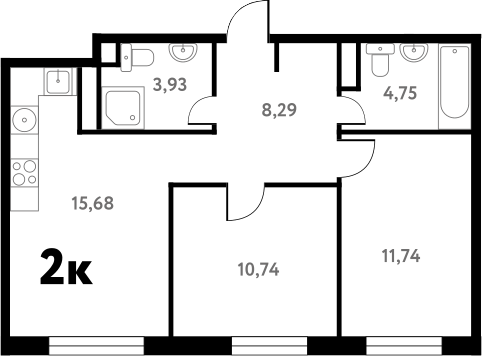 2-комн., 55.29 м², 2/17 этаж, ЖК «Южное Пушкино»