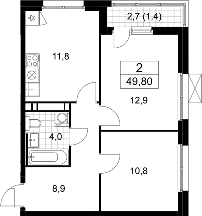 2-комн., 48.4 м², 12/12 этаж, ЖК «Скандинавия»