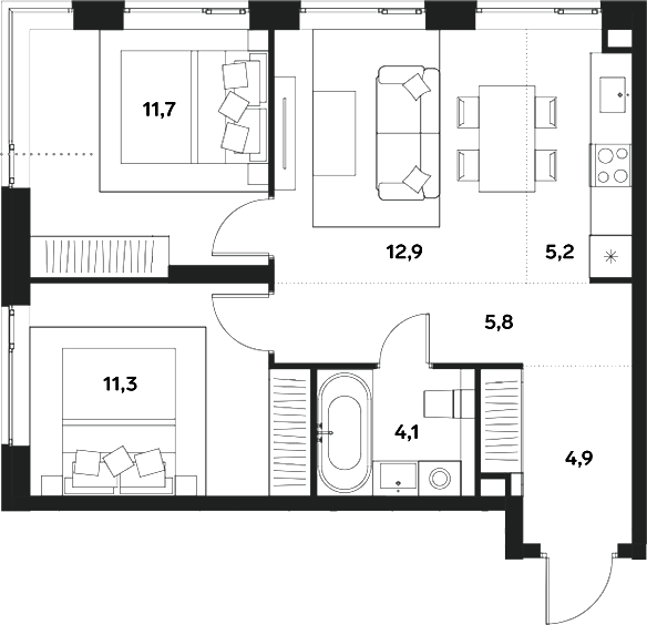 3-комн., 55.9 м², 10/30 этаж, ЖК «АЛИА»