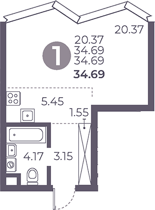 Студия, 34.69 м², 31/39 этаж, ЖК «Мневники от Гранель»