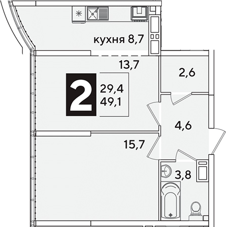 2-комн. квартира, 49.1 м² в ЖК Самолет — фото 2