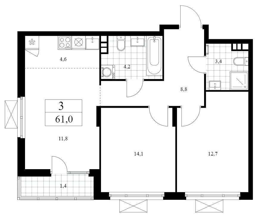 3-комн., 59.6 м², 14/15 этаж, ЖК «Деснаречье»
