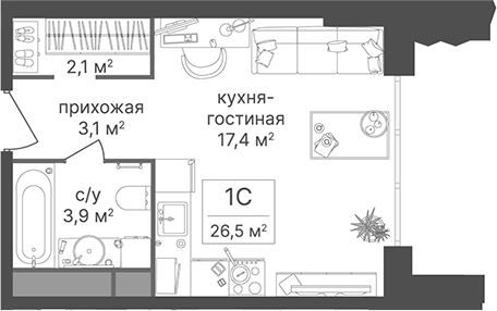 Студия, 26.5 м², 5/30 этаж, ЖК «Гостиничный комплекс Варшавские ворота»