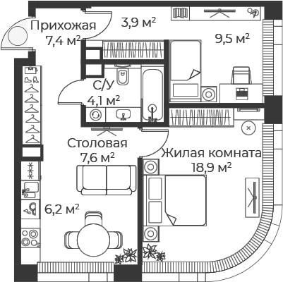 3-комн., 57.6 м², 15/25 этаж, ЖК «Веер»