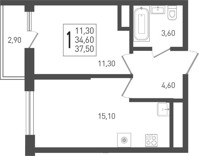 1-комн. квартира, 34.6 м² в ЖК ЖК «Кубанская Крепость» — фото 3