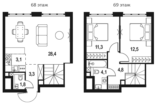 3-комн., 69.3 м², 68/68 этаж, ЖК «Левел Южнопортовая»