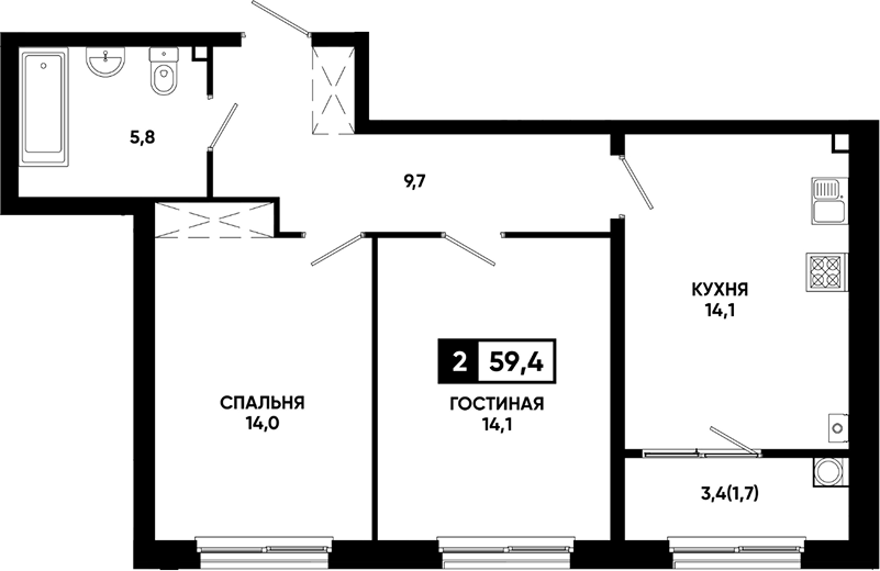 2-комн., 57.7 м², 2/24 этаж, ЖК «Резиденция Софи»