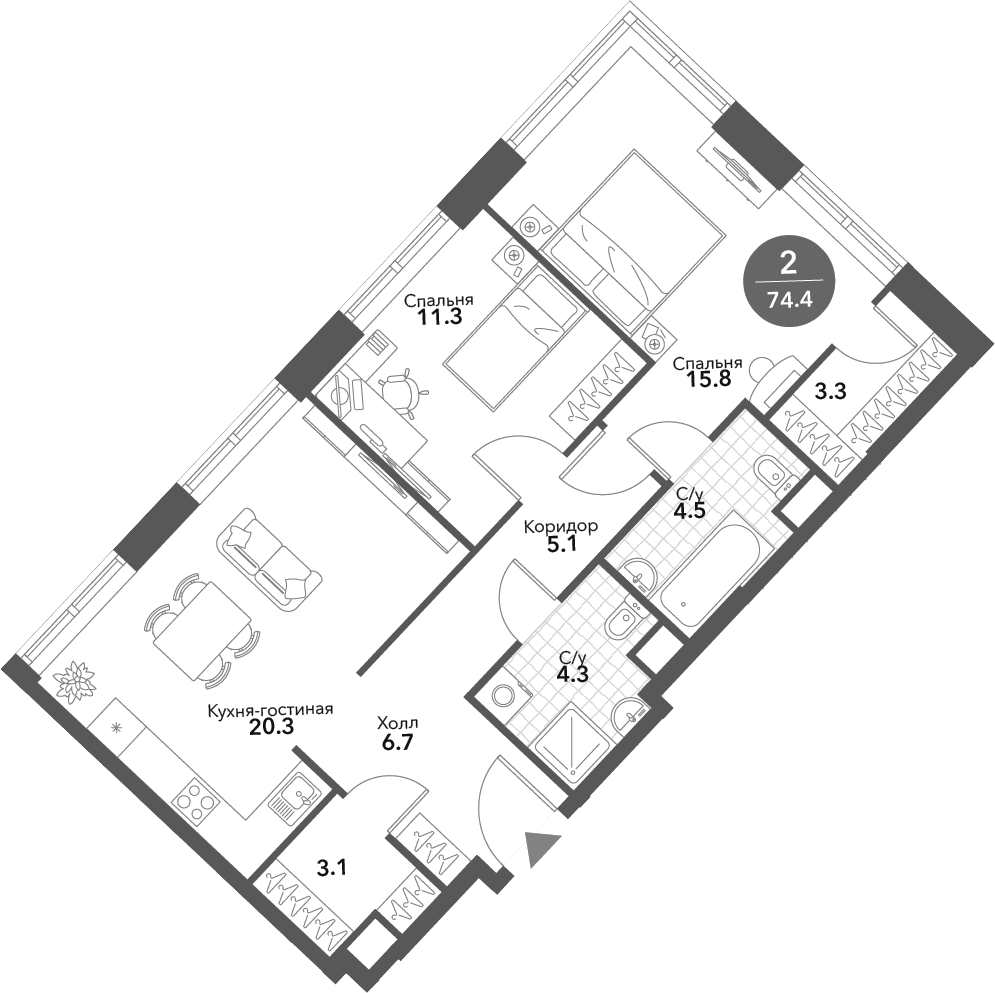 3-комн., 74.4 м², 7/20 этаж, ЖК «Воксхолл»