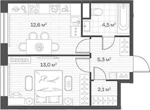 1-комн., 37.5 м², 2/12 этаж, ЖК «Аристов Берег»