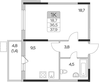 1-комн., 36.5 м², 9/9 этаж, ЖК «Пироговская ривьера. Мытищи»