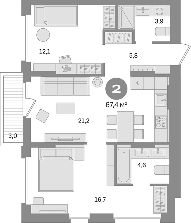2-комн., 64.4 м², 8/17 этаж, ЖК «Первый квартал. Вторая очередь»