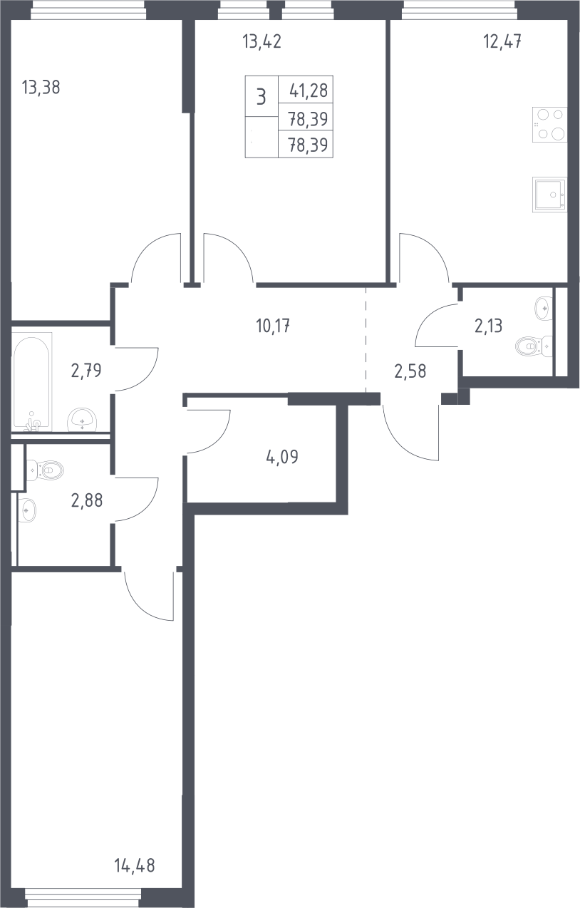 3-комн., 78.39 м², 12/15 этаж, ЖК «Пригород Лесное»