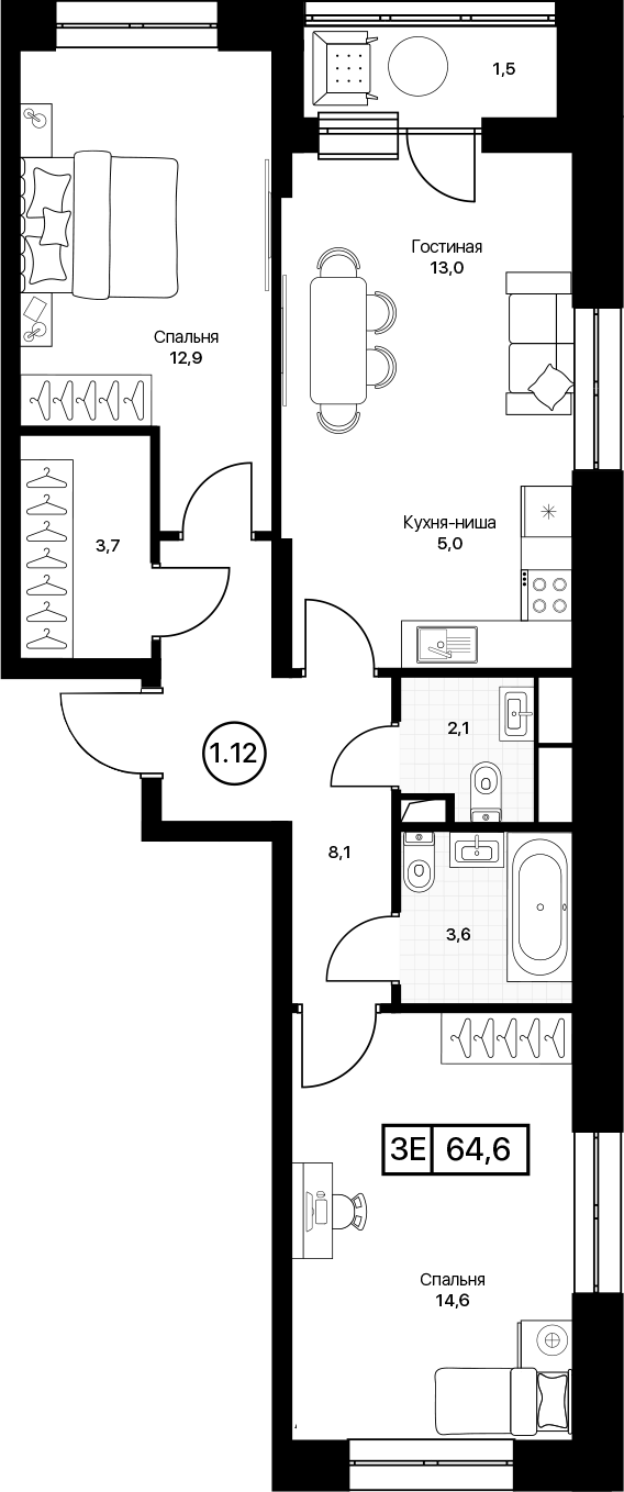 3-комн., 63.1 м², 6/17 этаж, ЖК «Пушкино Град»