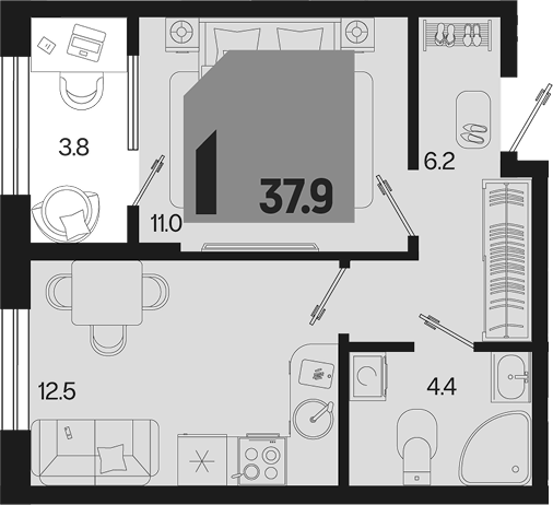 1-комн. квартира, 34.1 м² в ЖК Первое место — фото 2