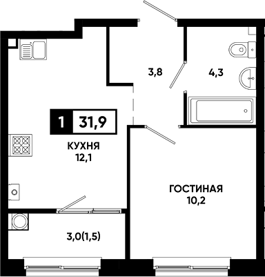 1-комн., 30.4 м², 1/13 этаж, ЖК «Резиденция Софи»