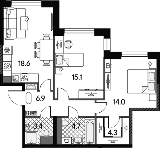 3-комн., 67 м², 39/43 этаж, ЖК «МАРК»