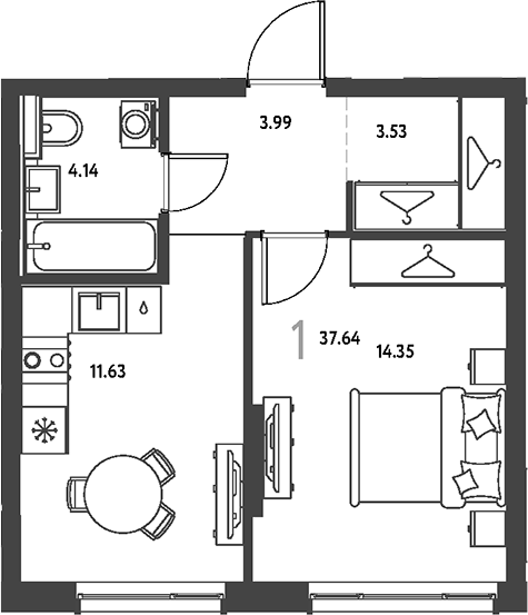 1-комн., 37.64 м², 6/16 этаж, ЖК «Страна.Парковая»