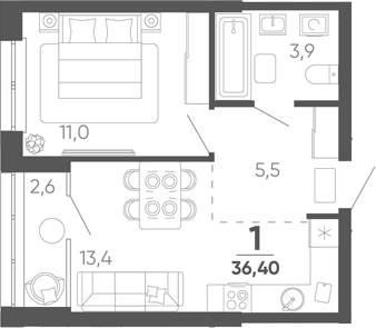 1-комн. квартира, 33.8 м² в ЖК Барса — фото 2