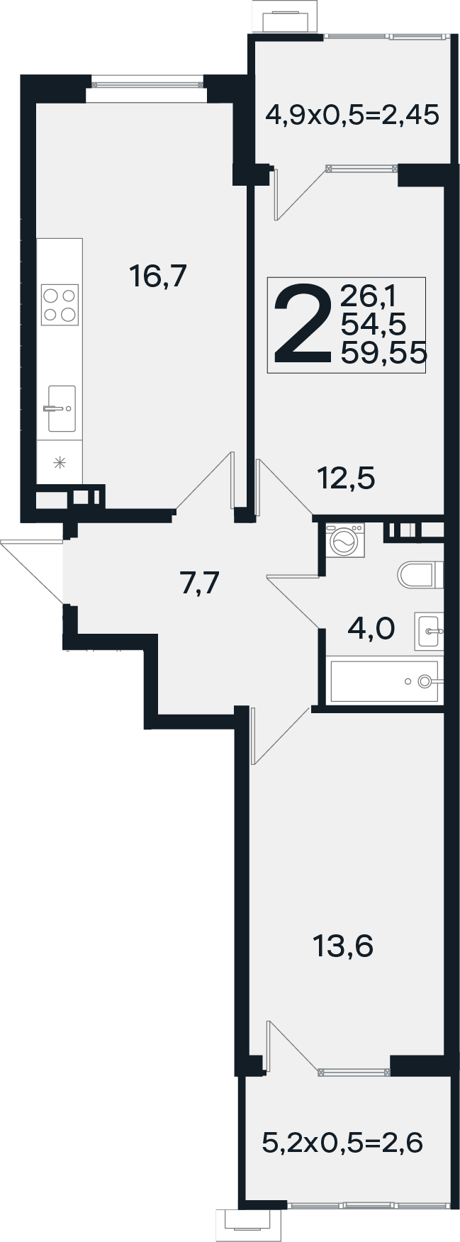 2-комн., 54.5 м², 4/4 этаж, ЖК «Новая Елизаветка»