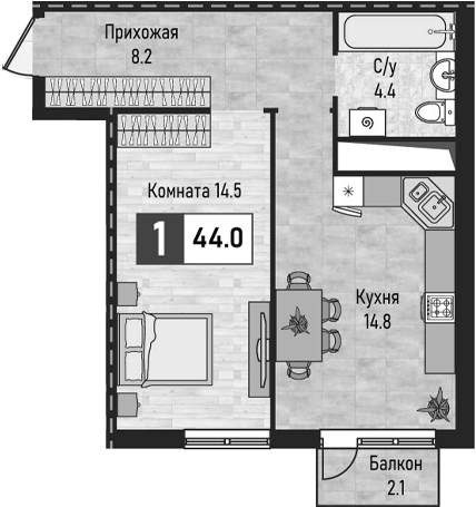 1-комн., 41.9 м², 7/10 этаж, ЖК «Живописный»