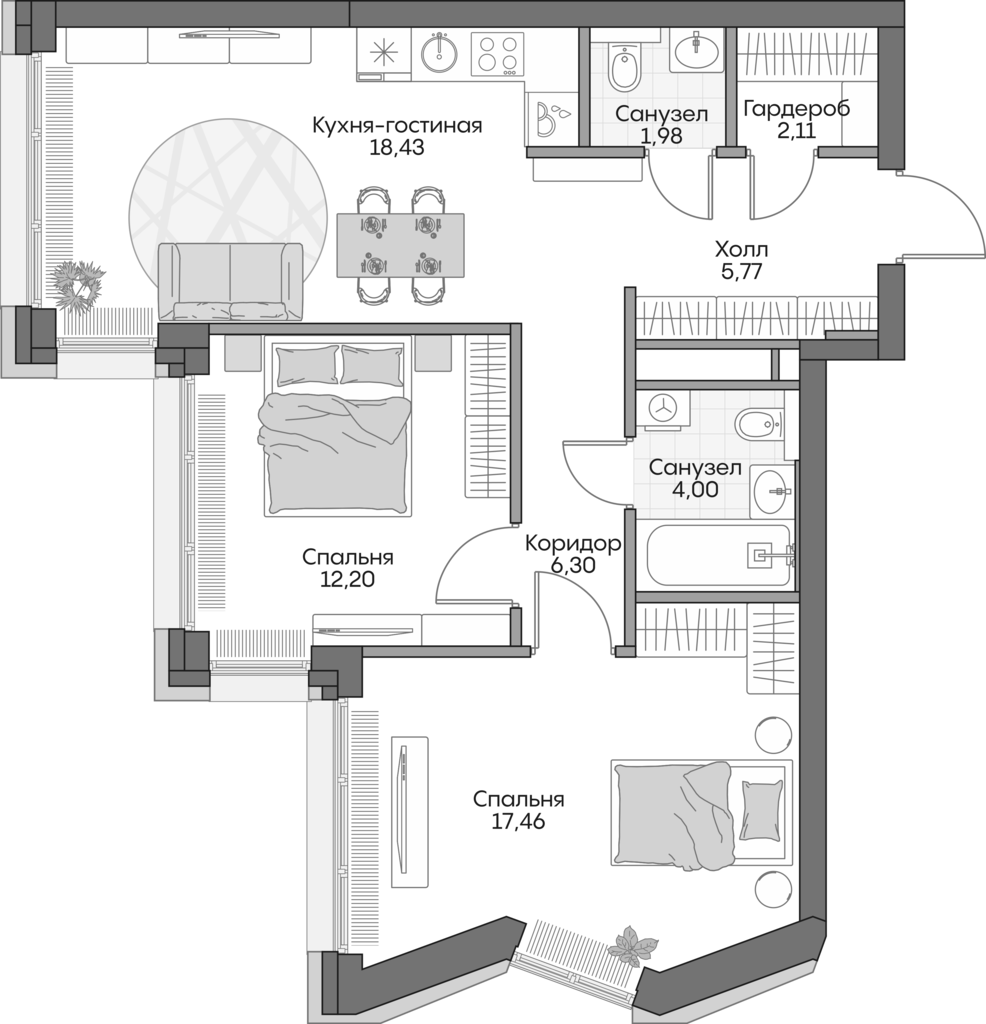 3-комн., 66.2 м², 11/16 этаж, ЖК «Инсайдер»