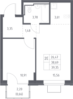 2-комн., 38.69 м², 10/12 этаж, ЖК «Богдановский лес»