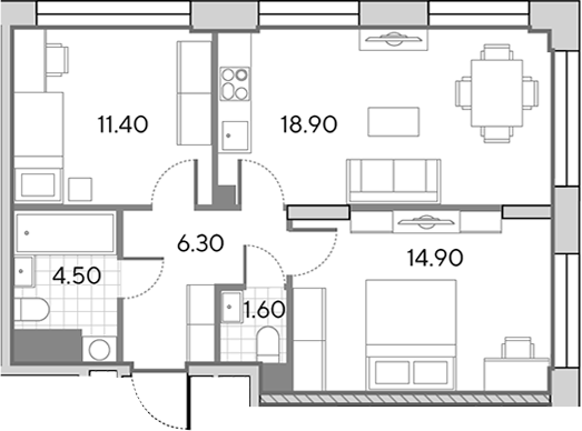 3-комн., 57.6 м², 9/30 этаж, ЖК «Вейв»
