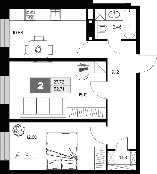 2-комн., 52.71 м², 1/10 этаж, ЖК «Ласточкино»