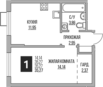 1-комн., 35.27 м², 4/16 этаж, ЖК «Гранель Алексеевская роща»