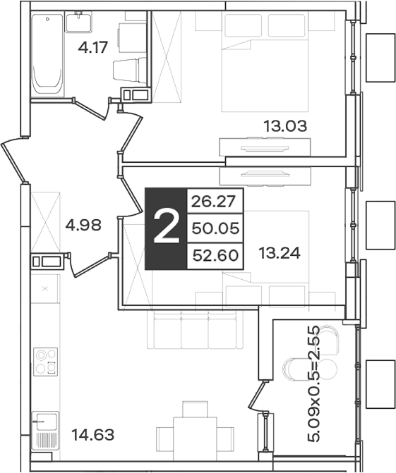 2-комн., 50.05 м², 8/9 этаж, ЖК «Сюжеты»