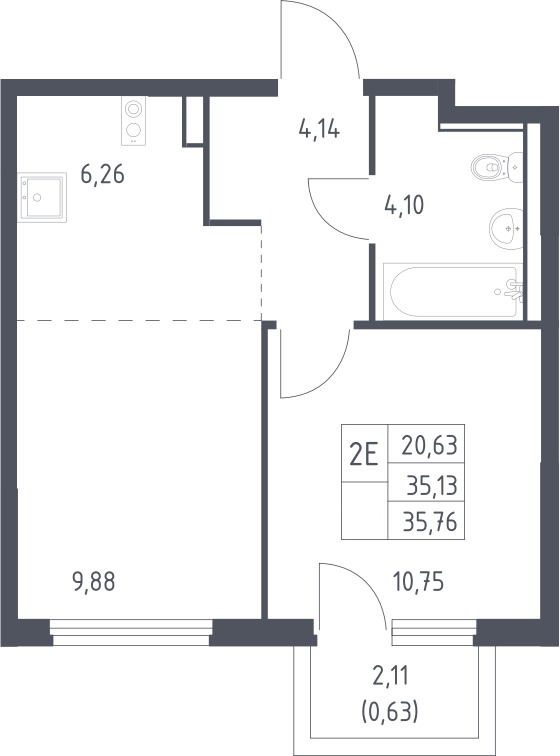 2-комн., 35.13 м², 11/15 этаж, ЖК «Пригород Лесное»