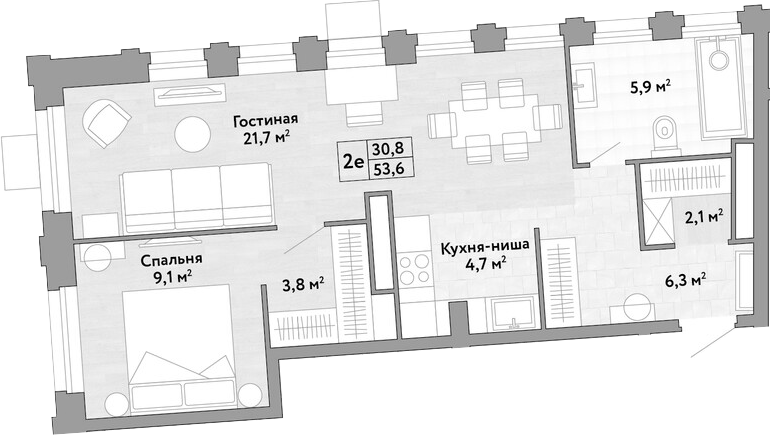 2-комн., 53.6 м², 30/30 этаж, ЖК «Новые Смыслы»