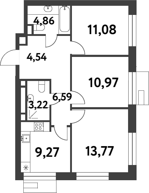 3-комн., 64.3 м², 8/16 этаж, ЖК «Смарт Гарден»