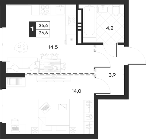 1-комн., 36.63 м², 13/17 этаж, ЖК «Луиджи»