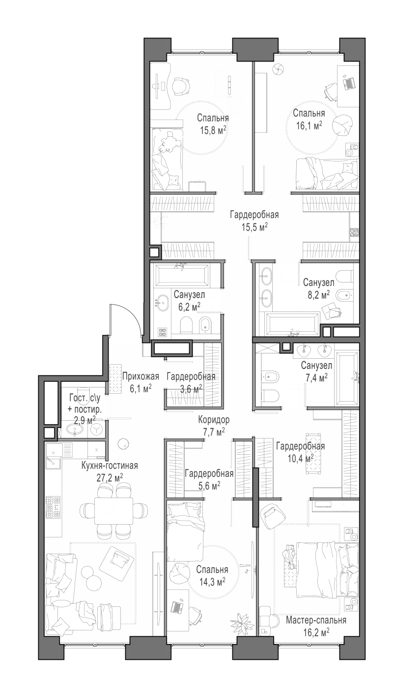 4+ комнаты, 164.2 м², 14/23 этаж, ЖК «Квартал Life Time»