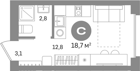 Студия, 18.7 м², 2/8 этаж, ЖК «Первый квартал. Вторая очередь»