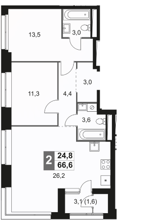 3-комн., 65 м², 28/44 этаж, ЖК «Скай Гарден»