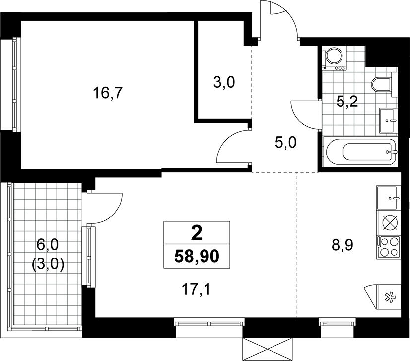 2-комн., 55.9 м², 4/12 этаж, ЖК «Дзен-кварталы»