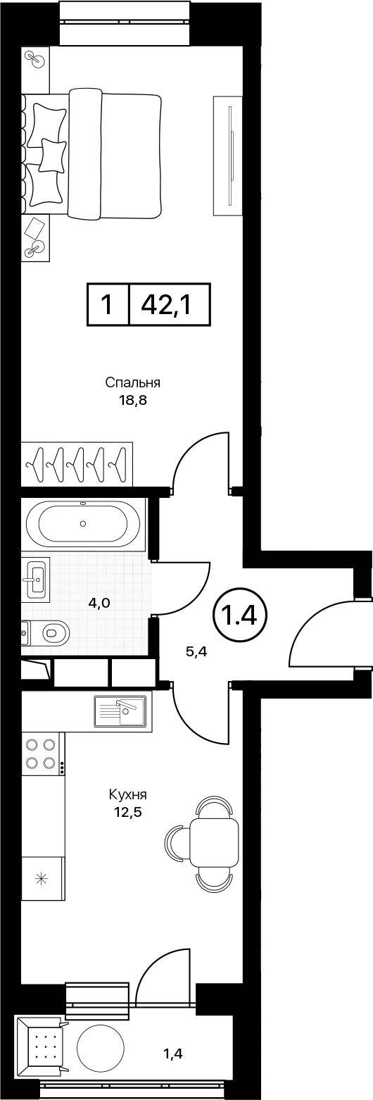 1-комн., 40.7 м², 9/13 этаж, ЖК «Пушкино Град»
