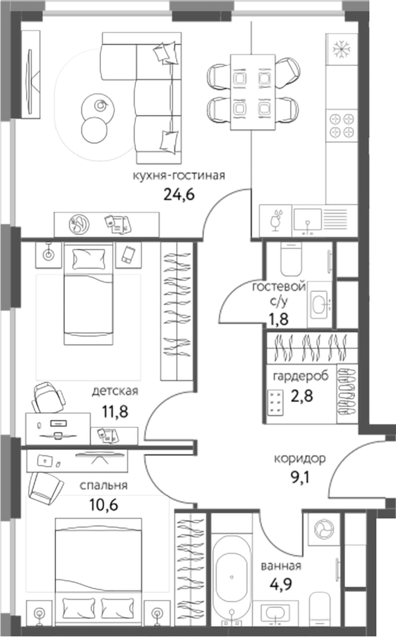3-комн., 66.9 м², 22/25 этаж, ЖК «Сиреневый парк»