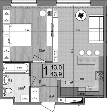 2-комн., 43.9 м², 3/18 этаж, ЖК «Гранд Комфорт»