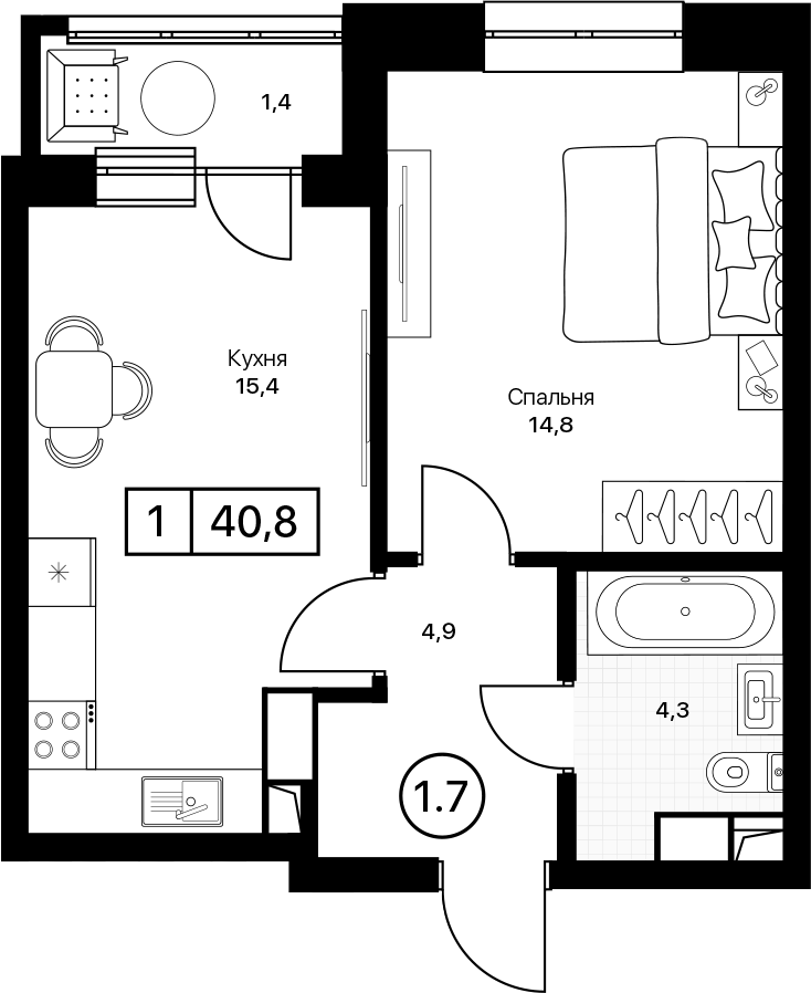 1-комн., 39.4 м², 6/13 этаж, ЖК «Пушкино Град»