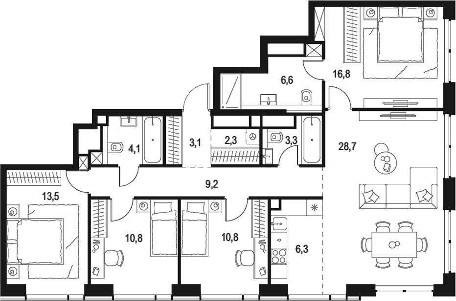 4+ комнаты, 115.5 м², 44/48 этаж, ЖК «Левел Звенигородская»