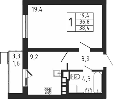 1-комн., 36.8 м², 7/9 этаж, ЖК «Пироговская ривьера. Мытищи»