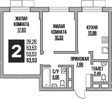 2-комн., 53.53 м², 6/8 этаж, ЖК «Гранель Живописный»